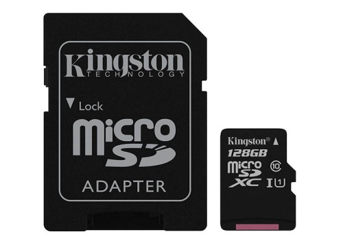 Kingston 128GB microSDHC class 10 wAdapter frontal
