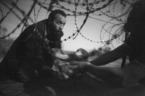 A man passes a baby through the fence at the Serbia/Hungary border in Rˆszke, Hungary, 28 August 2015. (Warren Richardson)