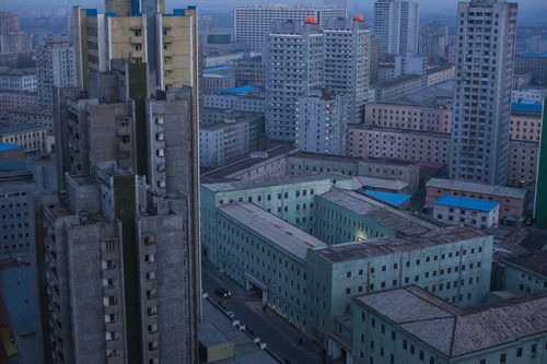 At dusk, the skyline of central Pyongyang, North Korea