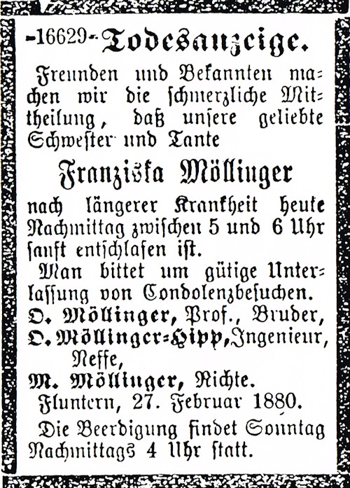 Todesanzeige F. Möllinger Tagblatt ZH 28. 02. 1880