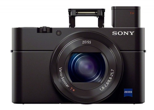 Sony RX100III frontal mit ausgeklapptem EVF und Blitz